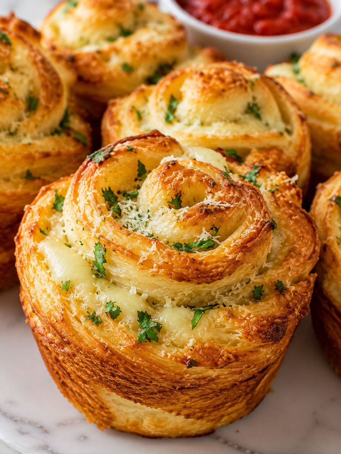 Cheesy Garlic Cruffin, plated and served