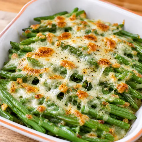 Cheesy garlic green beans with melted mozzarella and parmesan in a white baking dish