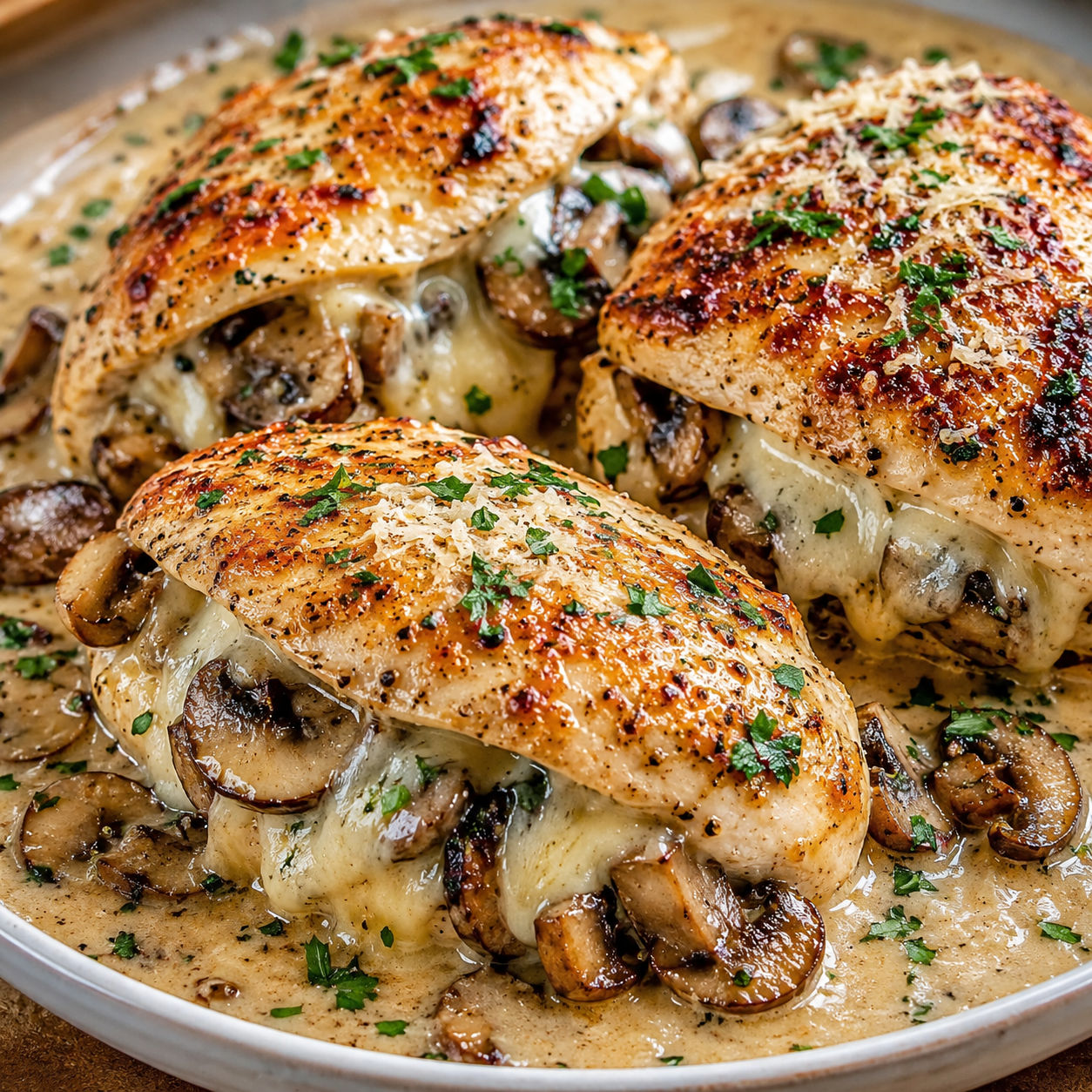 Cheesy garlic mushroom chicken with cream sauce and parsley