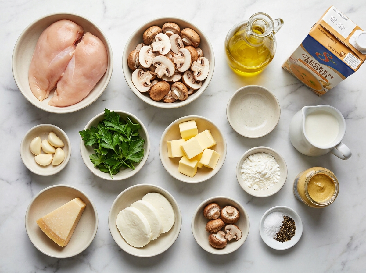 Ingredients for cheesy garlic mushroom chicken on a wooden surface