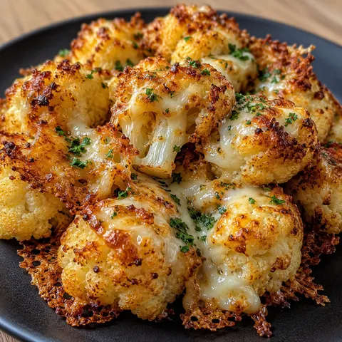 Golden roasted cauliflower florets with crispy Parmesan and mozzarella on a dark plate