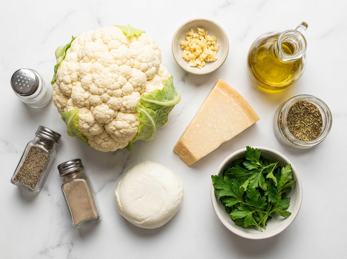 Raw cauliflower, Parmesan wedge, mozzarella, garlic, and olive oil on a wooden surface