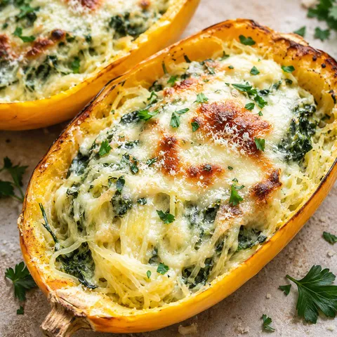 Cheesy garlic Parmesan spinach spaghetti squash boats with parsley