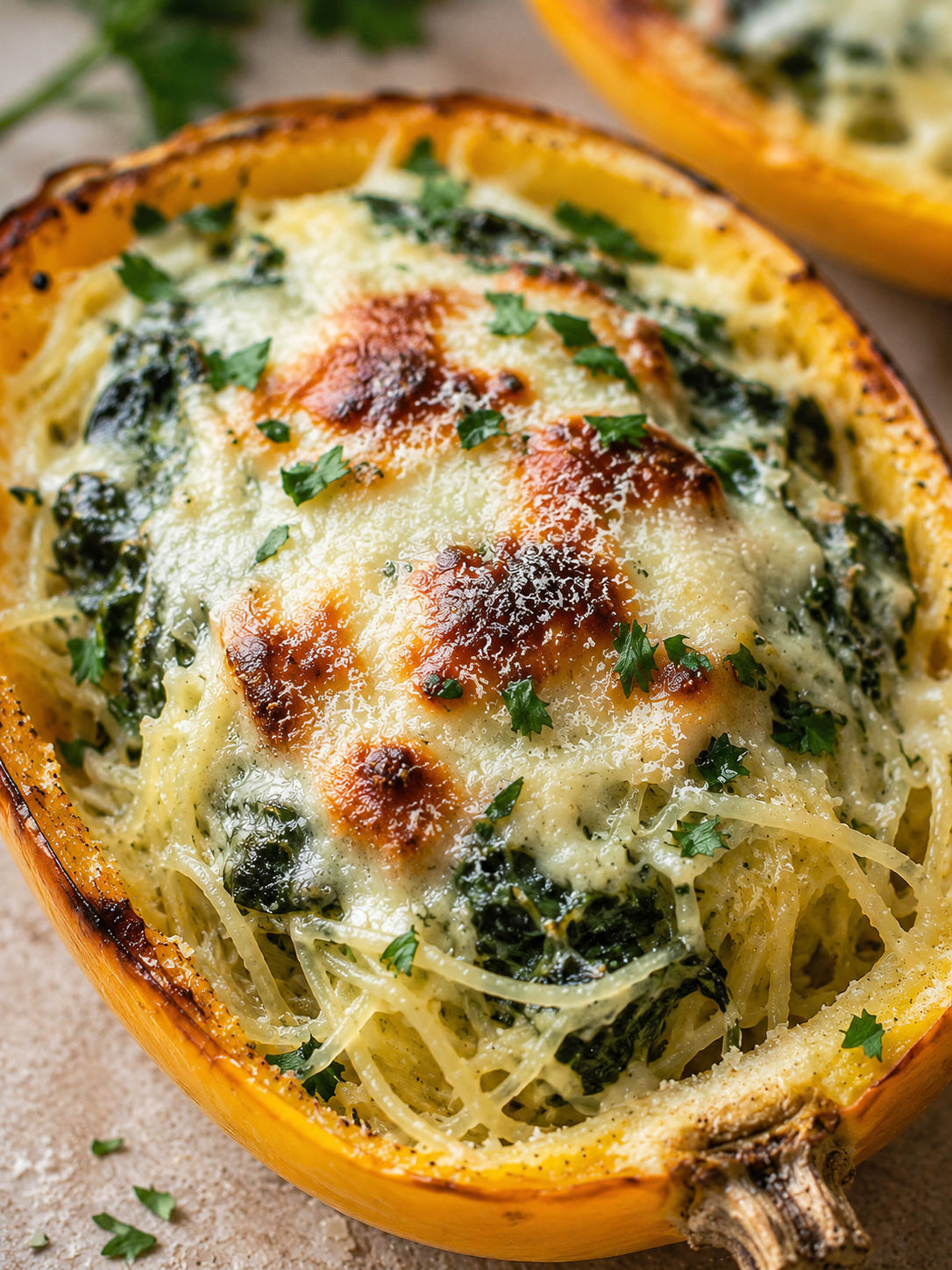 Cheesy Garlic Parmesan Spinach Spaghetti Squash, plated and served