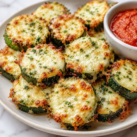 Cheesy garlic zucchini bites on a plate with marinara