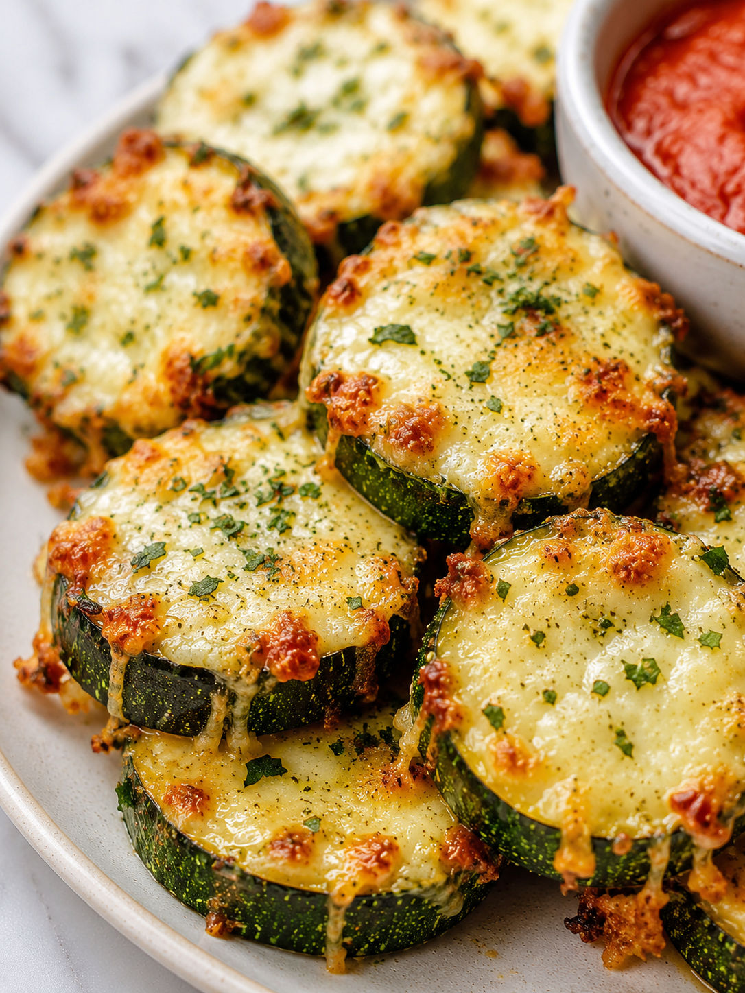 Cheesy Garlic Zucchini Bites, plated and served