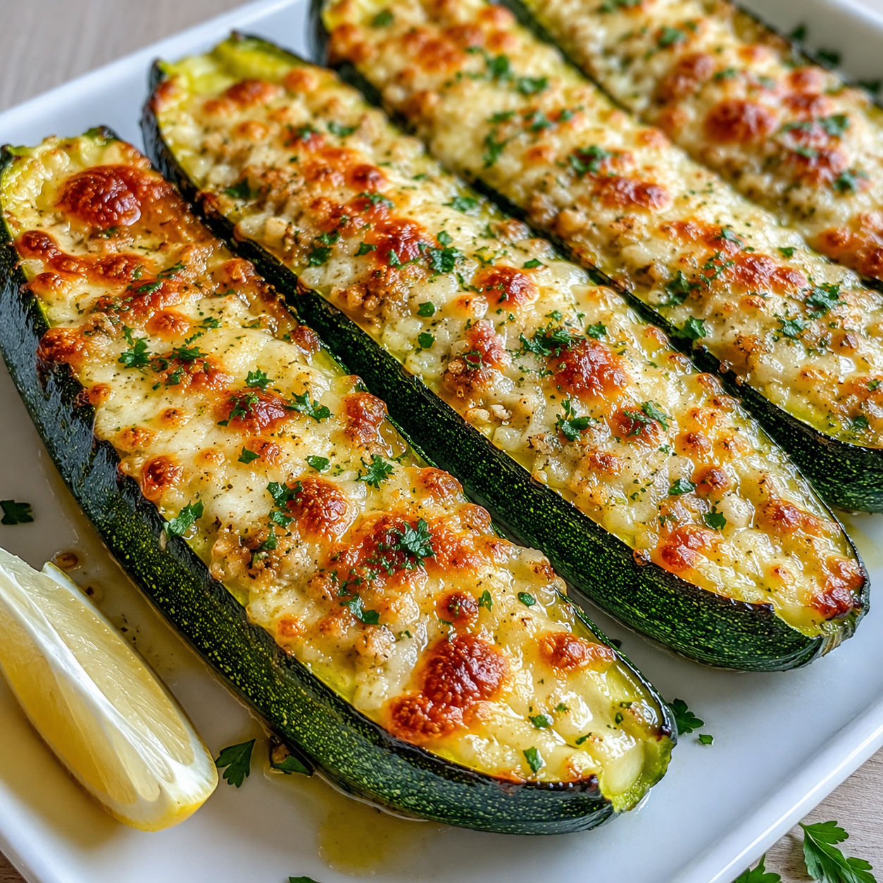 Cheesy garlic zucchini steaks with browned mozzarella and parsley