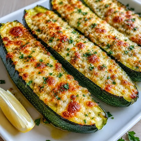 Cheesy garlic zucchini steaks with browned mozzarella and parsley