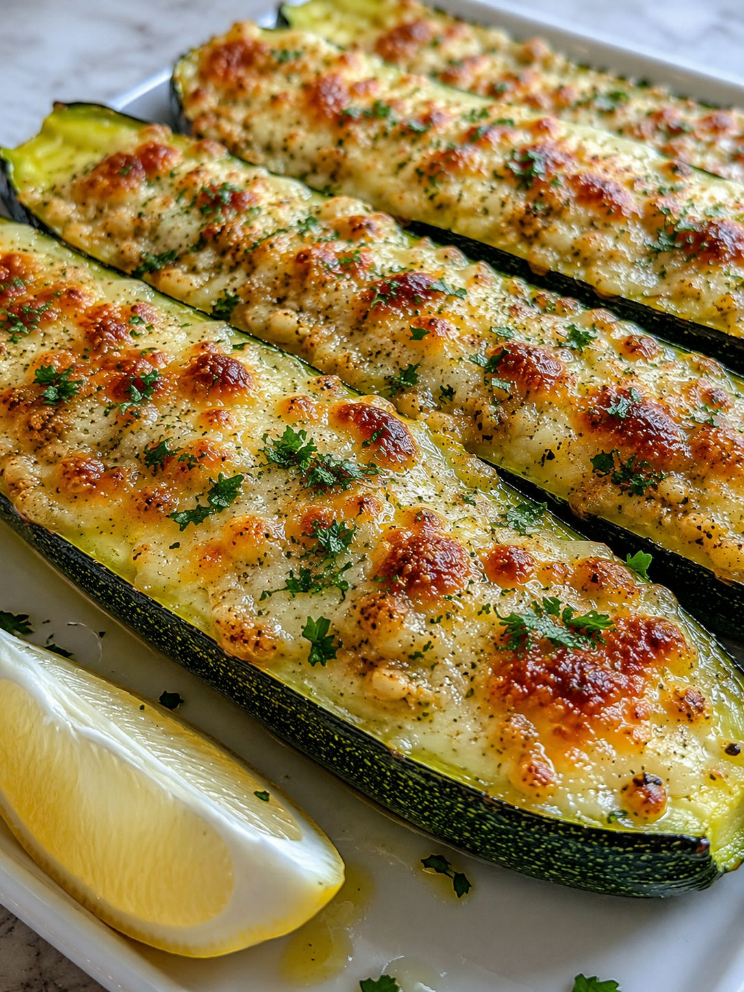 Cheesy Garlic Zucchini Steaks, plated and served