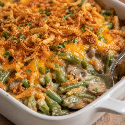 Cheesy green bean casserole with fried onions and parsley