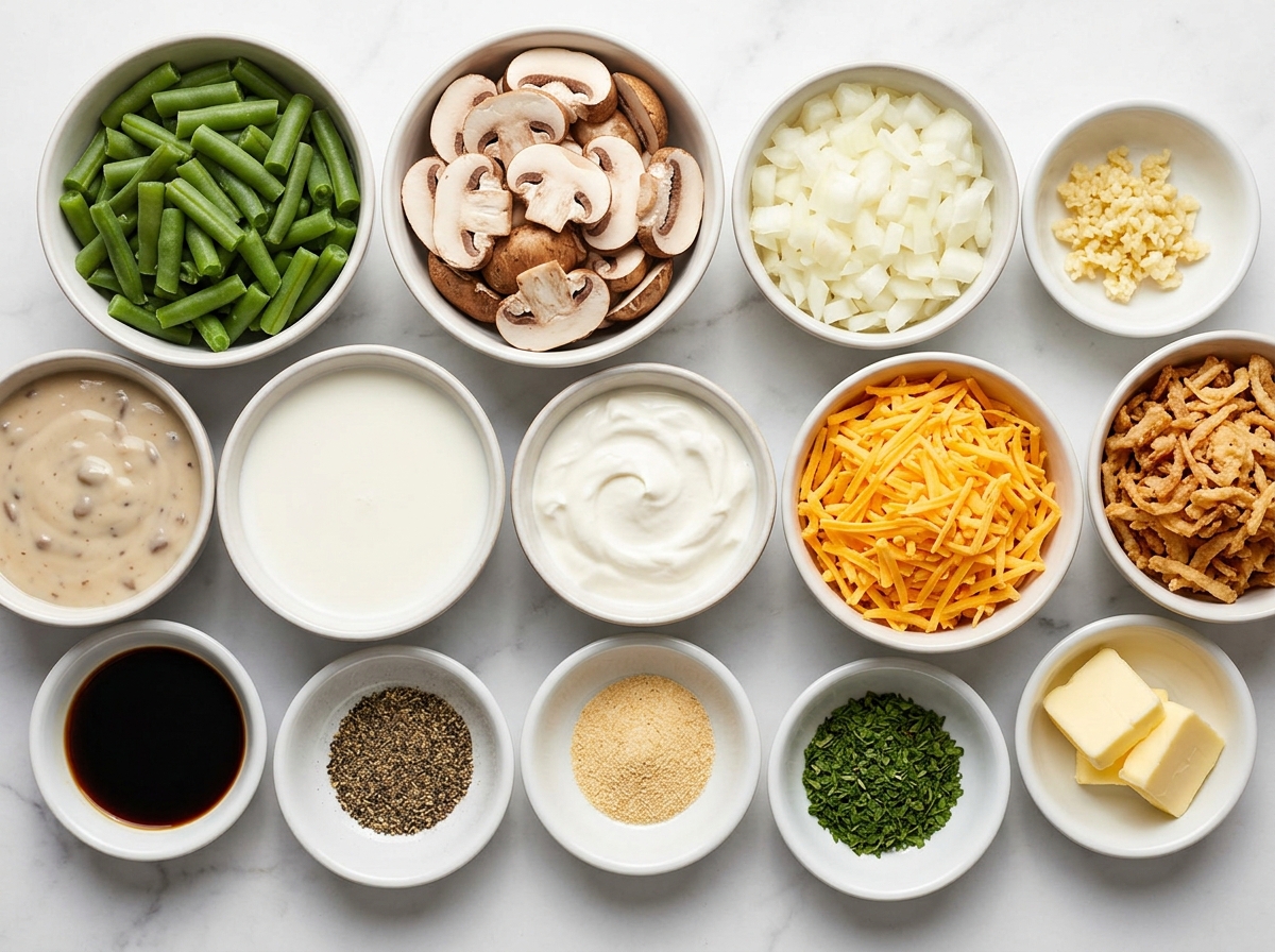 Green beans, cheddar, mushrooms, fried onions, and sauce ingredients