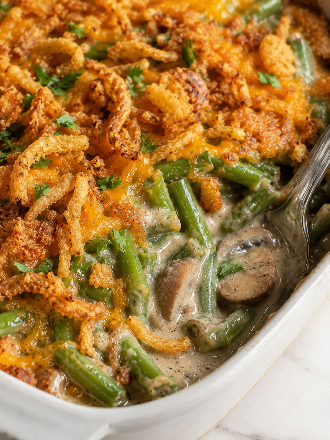 Cheesy Green Bean Casserole, plated and served