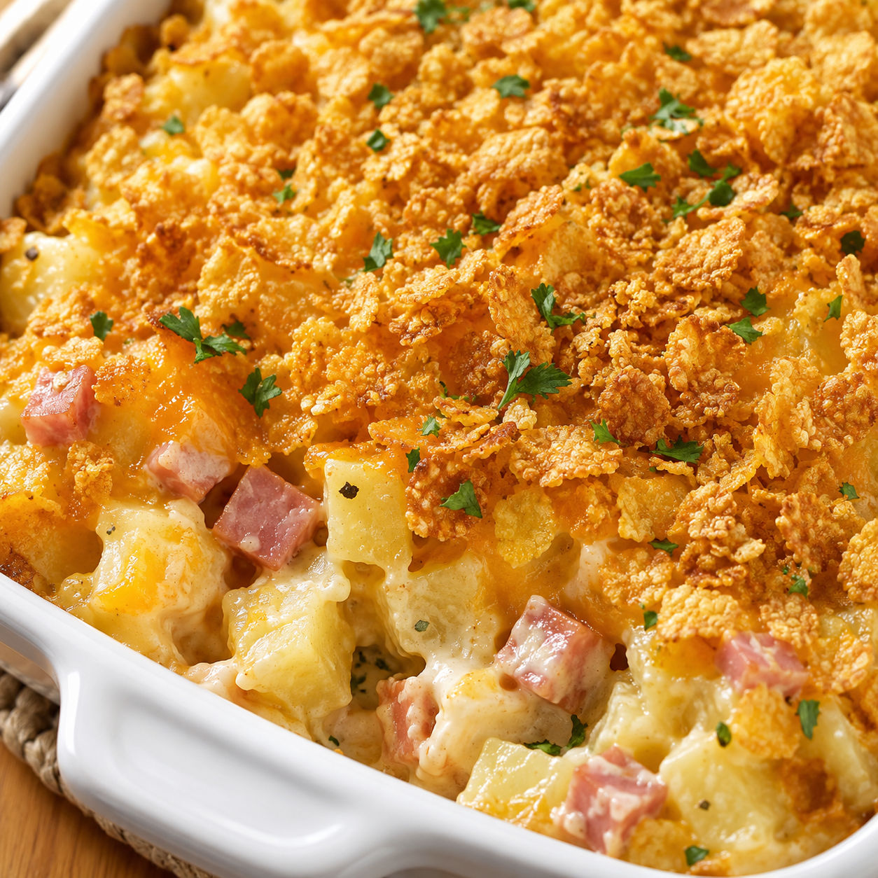 Cheesy ham and potato casserole with golden cornflake topping in a white dish