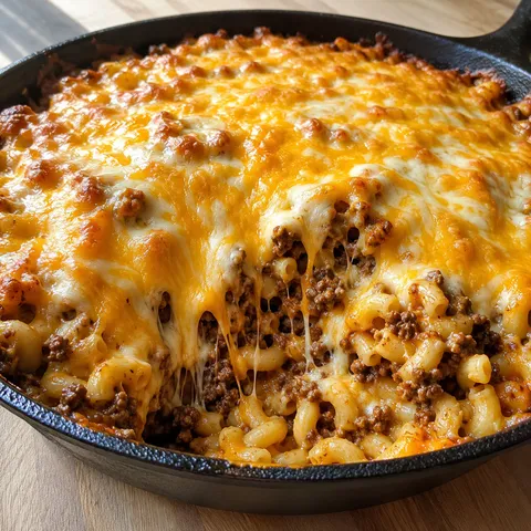Cheesy hamburger casserole with pasta and ground beef baked in a skillet