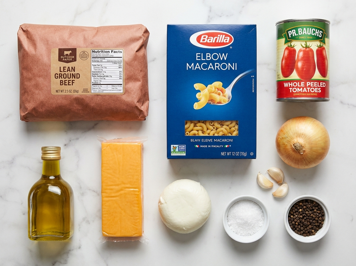 Raw ingredients for cheesy hamburger casserole on a wooden counter