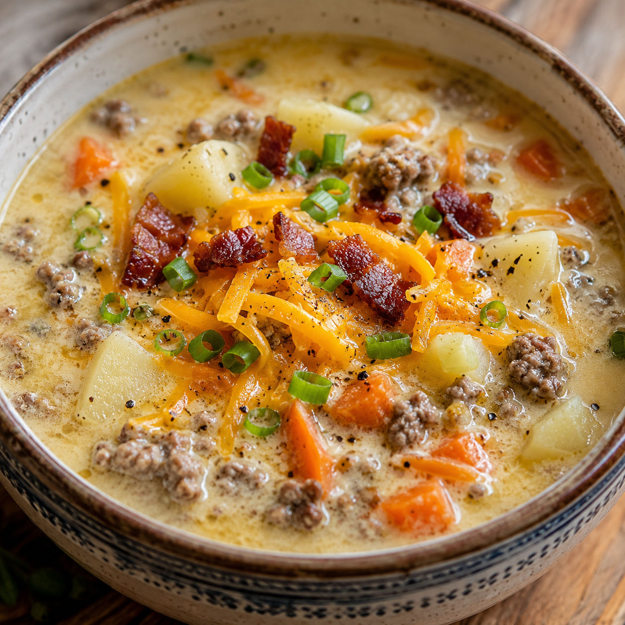 Cheesy hamburger potato soup with cheddar, beef, potatoes, and green onions