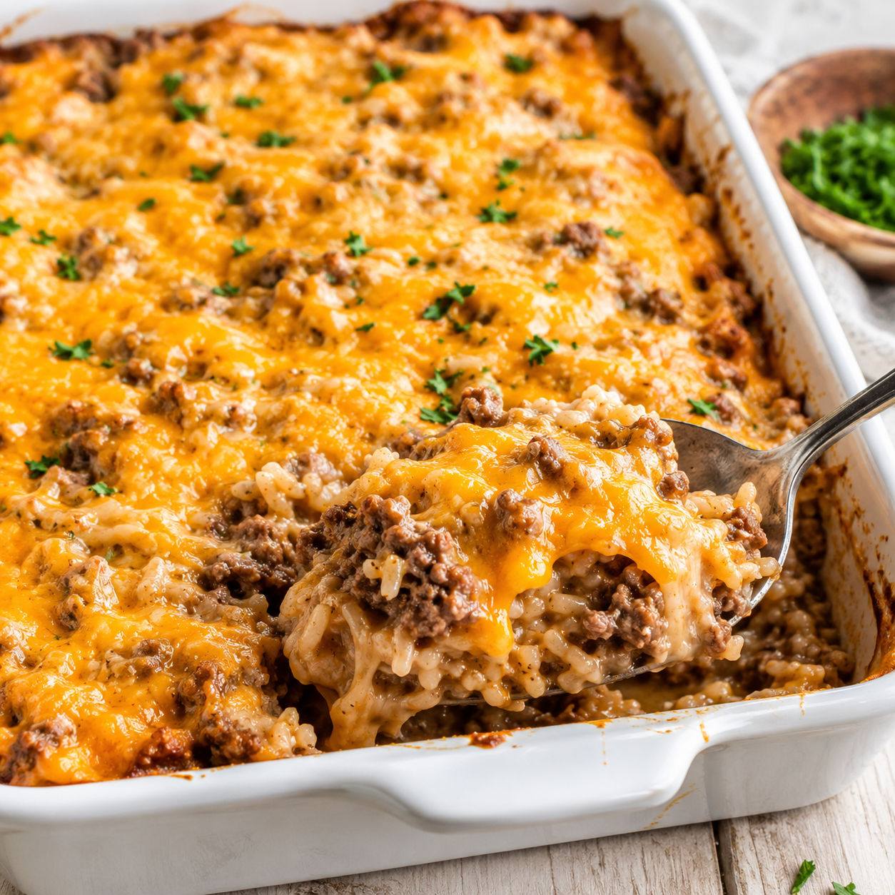 Cheesy hamburger rice casserole with melted cheddar and parsley