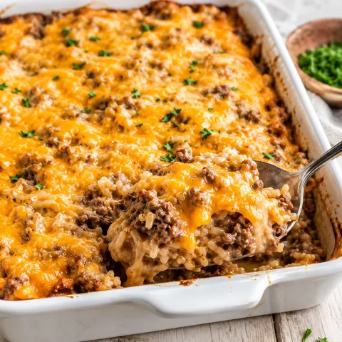 Cheesy hamburger rice casserole with melted cheddar and parsley
