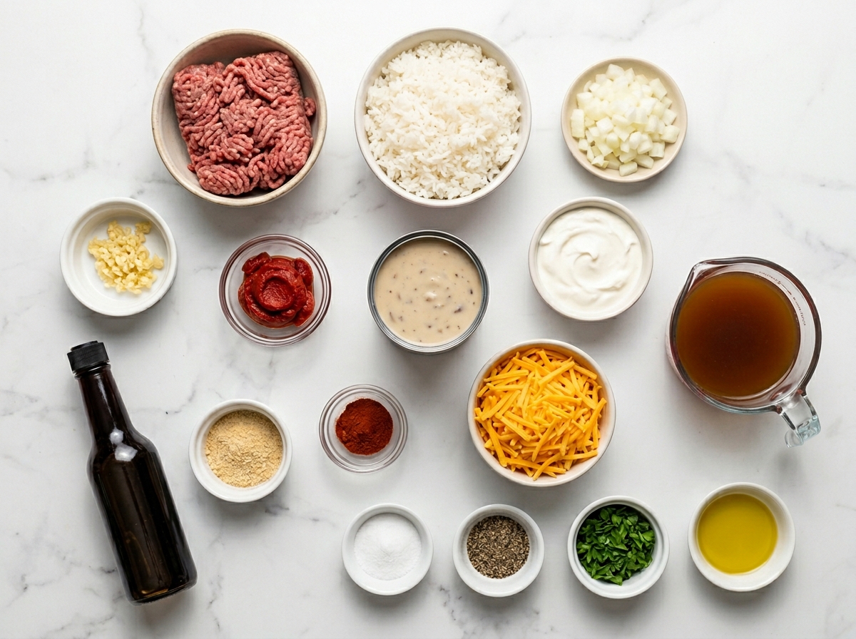 Ingredients for cheesy hamburger rice casserole on a wooden surface