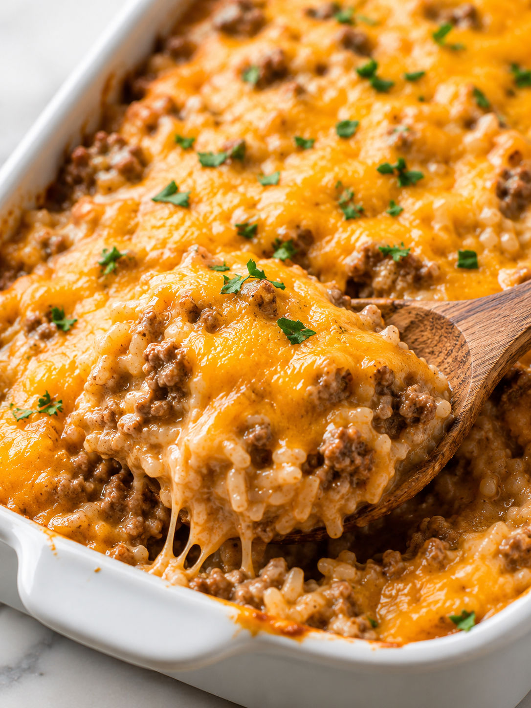 Cheesy Hamburger Rice Casserole, plated and served