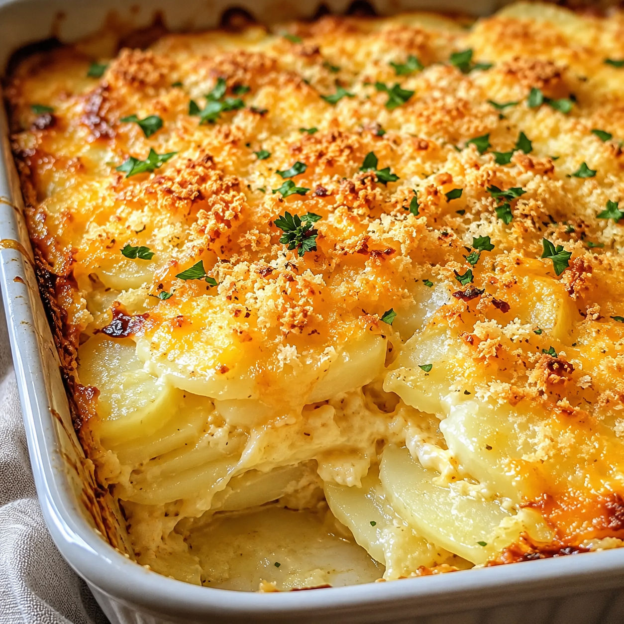 Cheesy herb potato bake with golden panko topping and parsley
