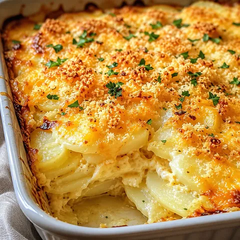 Cheesy herb potato bake with golden panko topping and parsley