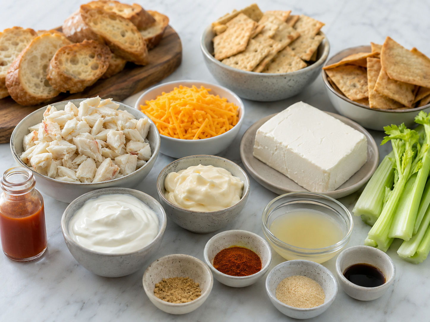 Ingredients for Cheesy Hot Crab Dip laid out