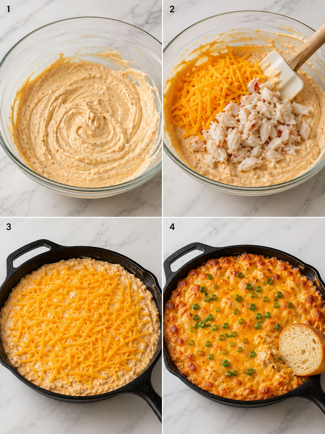 Four steps for making cheesy hot crab dip from mixing to baking