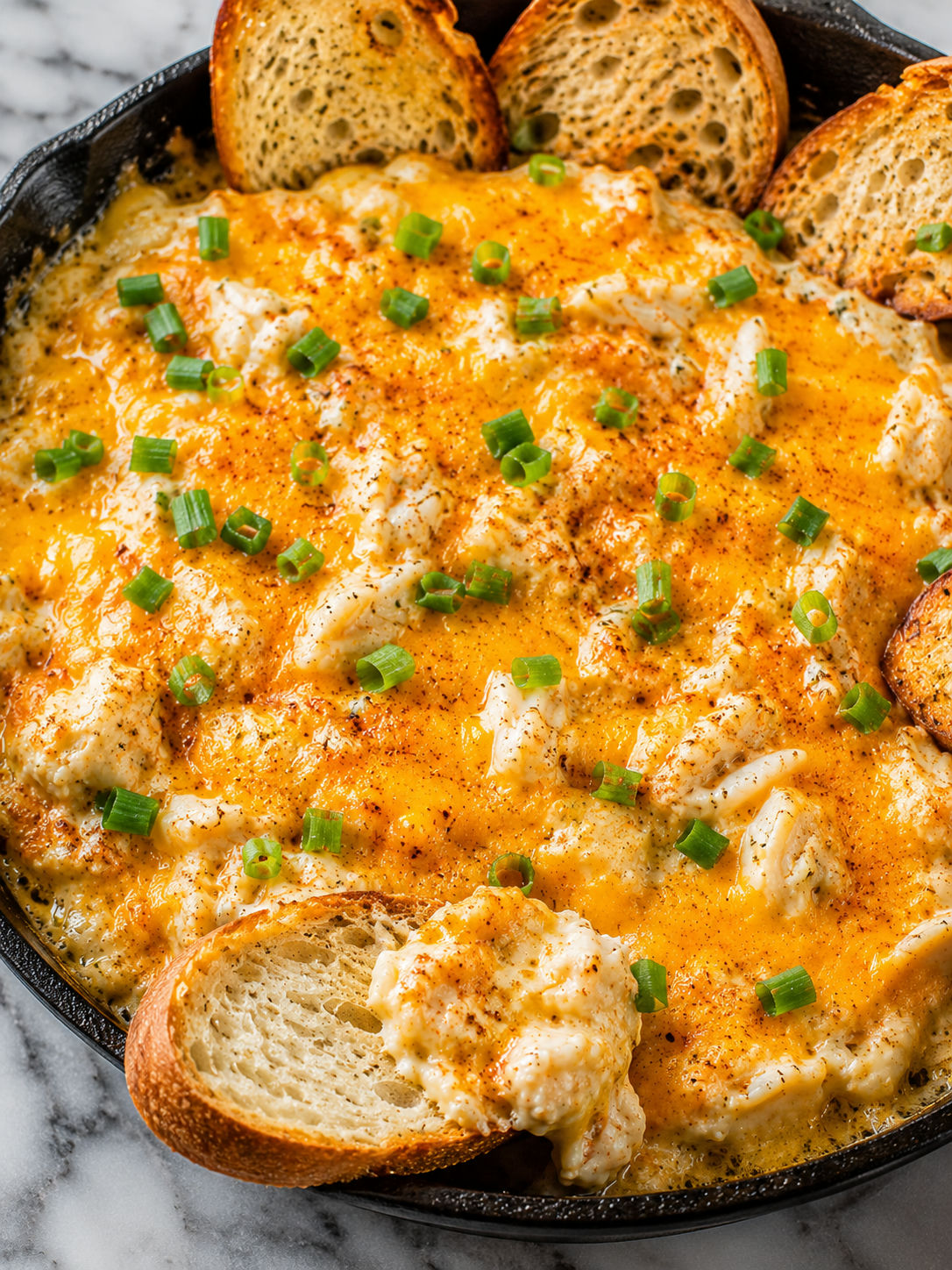 Bubbly cheesy hot crab dip with scallions and a toasted baguette scoop
