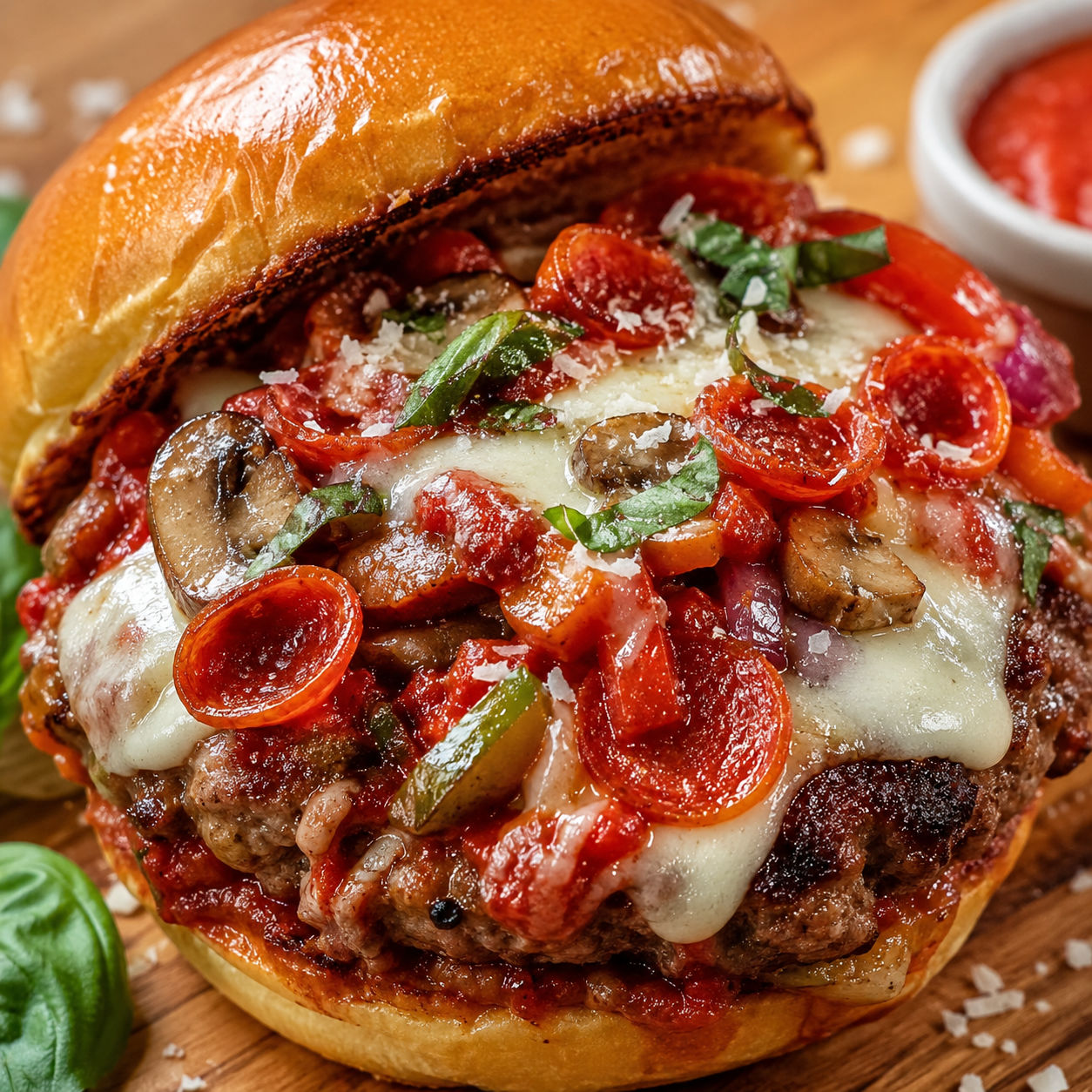 Cheesy Italian pizza burger with mozzarella, pepperoni, marinara, and basil