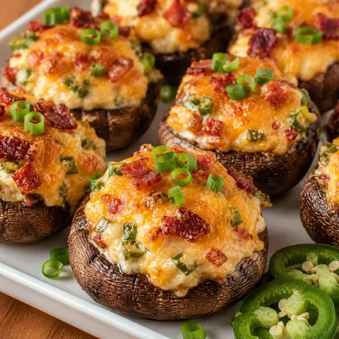 Cheesy jalapeno popper stuffed mushrooms with bacon and green onion