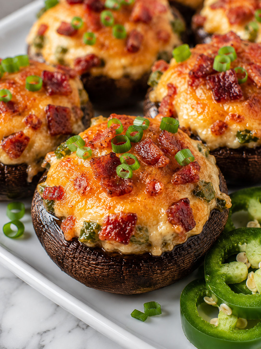 Cheesy Jalapeno Popper Stuffed Mushrooms, plated and served