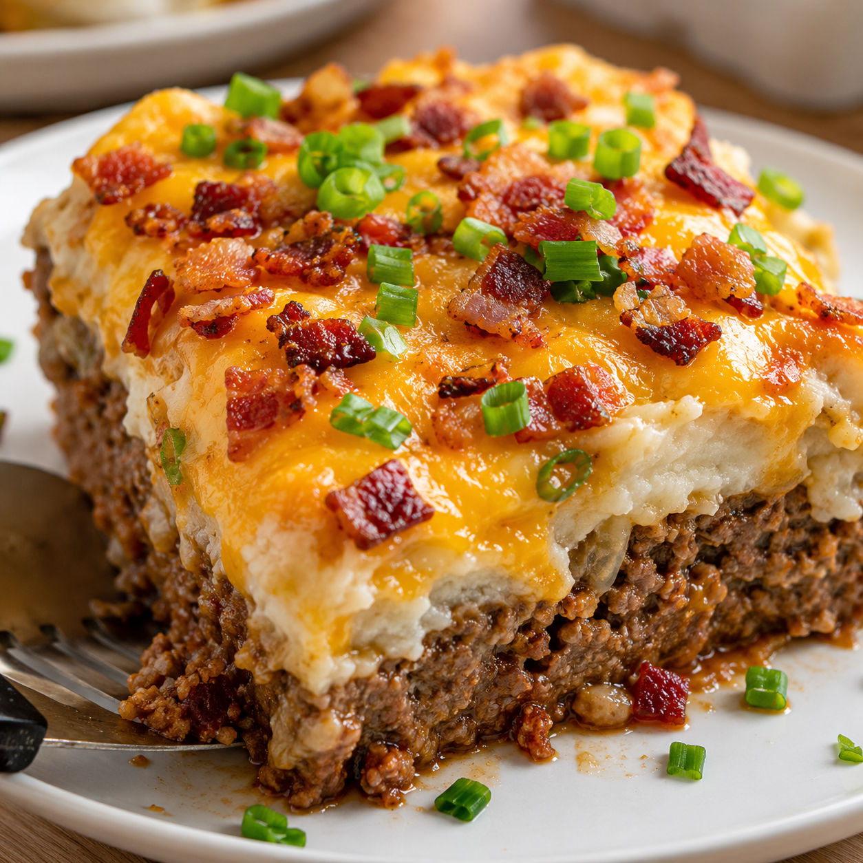 Cheesy loaded meatloaf casserole slice with bacon and green onions