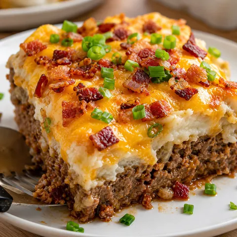 Cheesy loaded meatloaf casserole slice with bacon and green onions