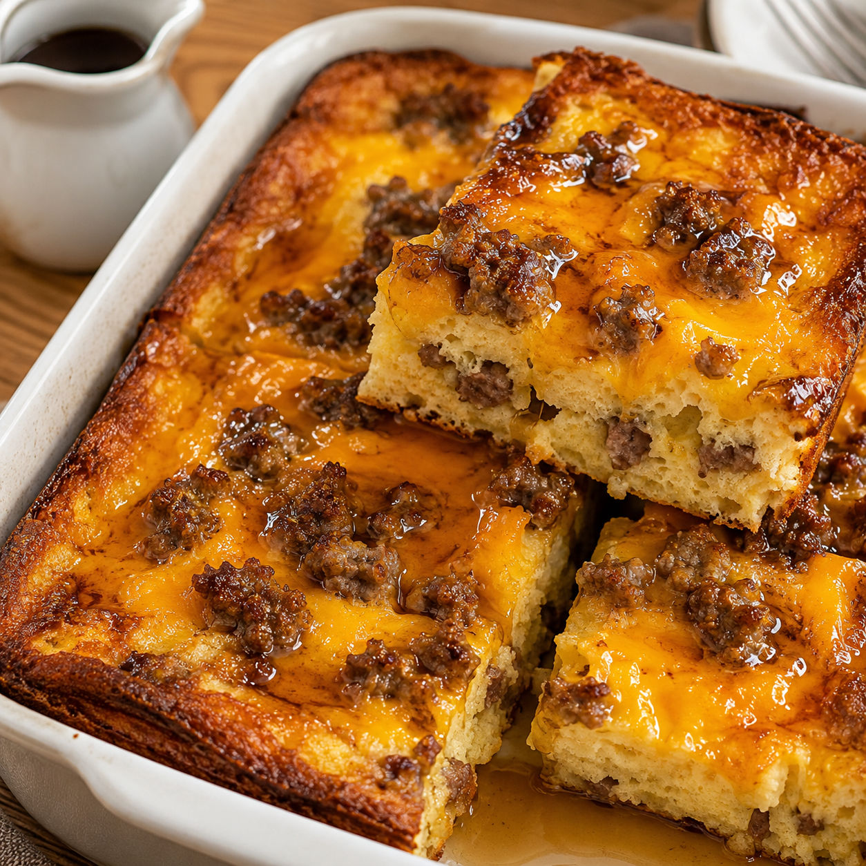 Cheesy maple pancake sausage bake with cheddar and syrup in a baking dish