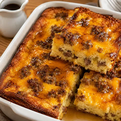 Cheesy maple pancake sausage bake with cheddar and syrup in a baking dish