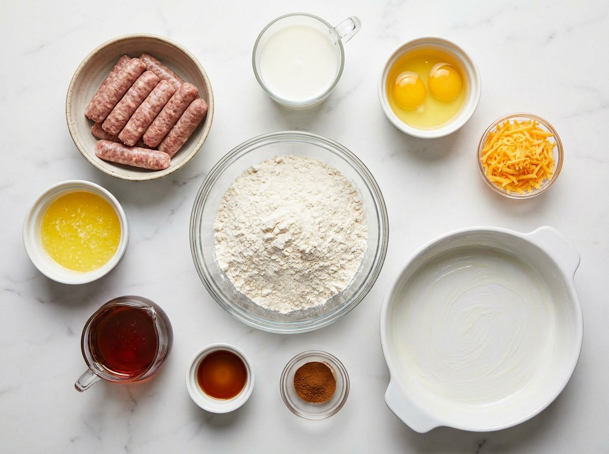 Ingredients for cheesy maple pancake sausage bake on a wooden surface