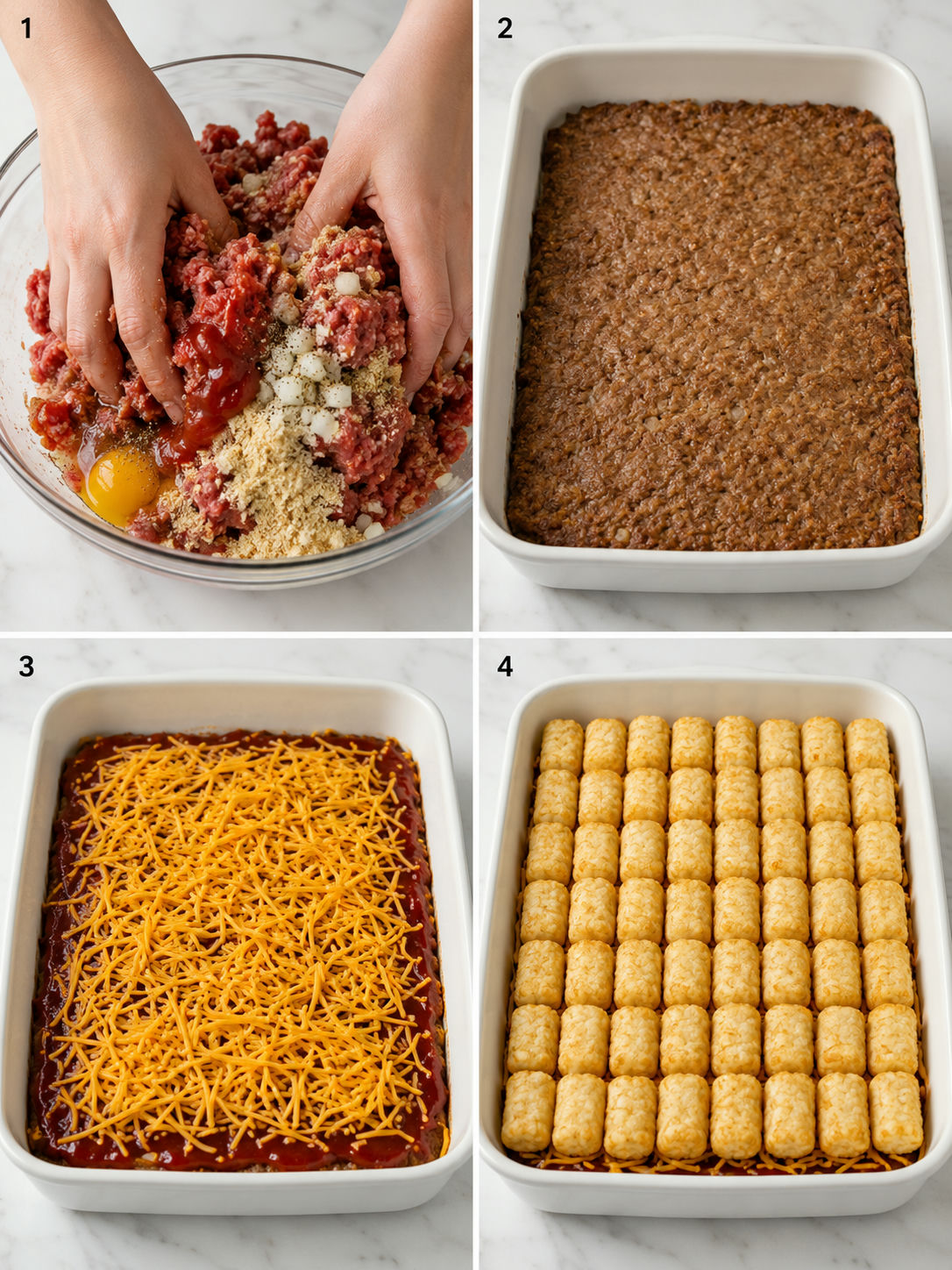 Four cooking steps for cheesy meatloaf tater tot bake