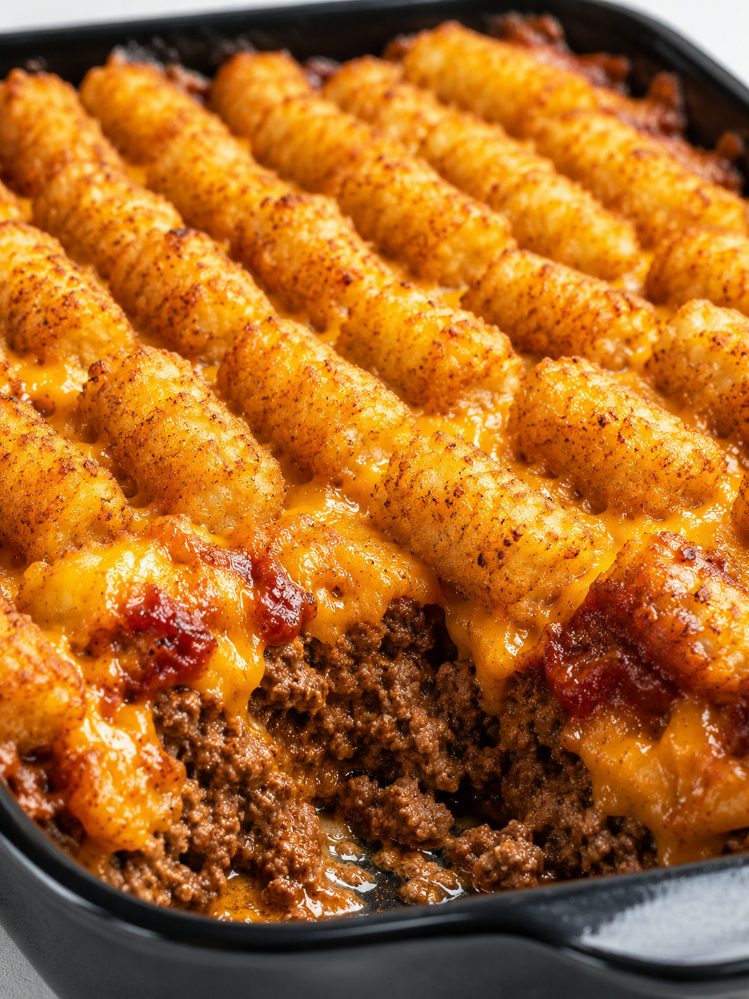 Cheesy meatloaf tater tot bake with crisp tots and melted cheddar
