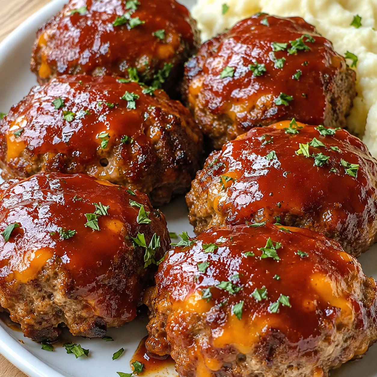 Cheesy mini meatloaves with glossy ketchup glaze and parsley