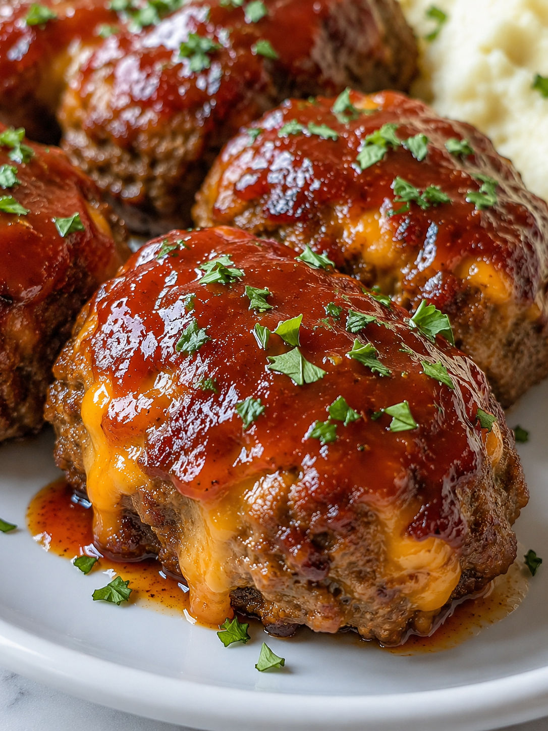 Cheesy Mini Meatloaves with Sweet Ketchup Glaze, plated and served