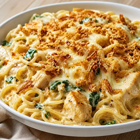 Cheesy Monterey chicken spaghetti with spinach and crispy onions