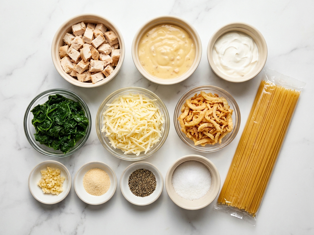 Ingredients for Monterey chicken spaghetti with cheese and fried onions