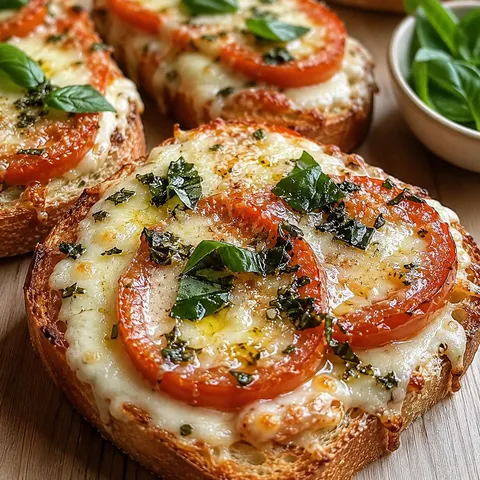 Cheesy oven toast with tomato slices, melted mozzarella, and basil
