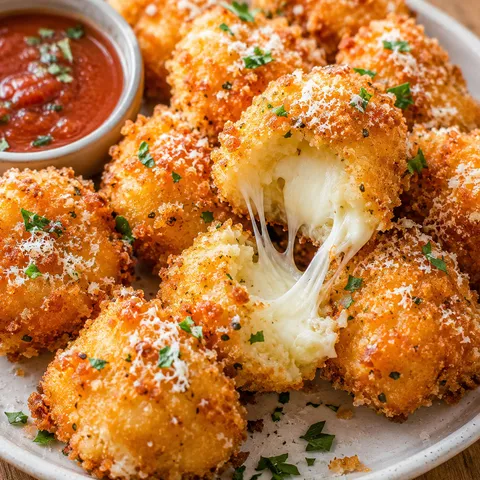 Golden parmesan mozzarella bites with marinara and melted cheese