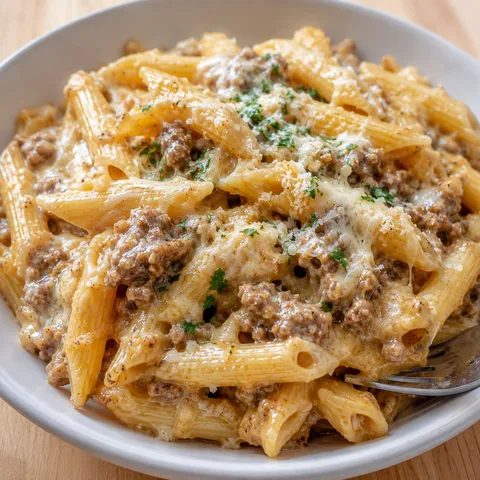 Cheesy penne pasta with garlic butter ground beef and parsley in a white bowl