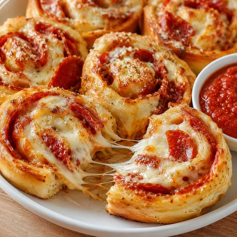 Cheesy pepperoni pizza roll ups with melted mozzarella and marinara