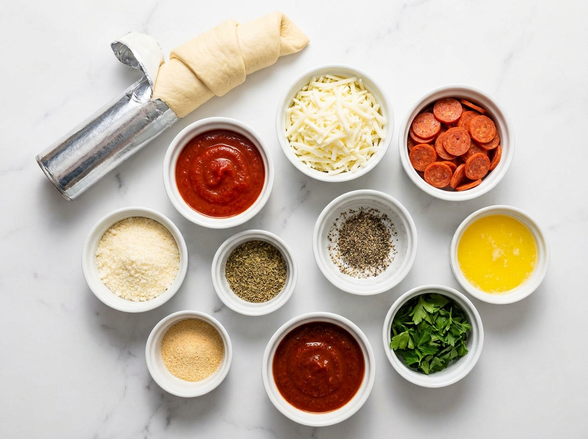Ingredients for cheesy pepperoni pizza roll-ups on a wooden surface