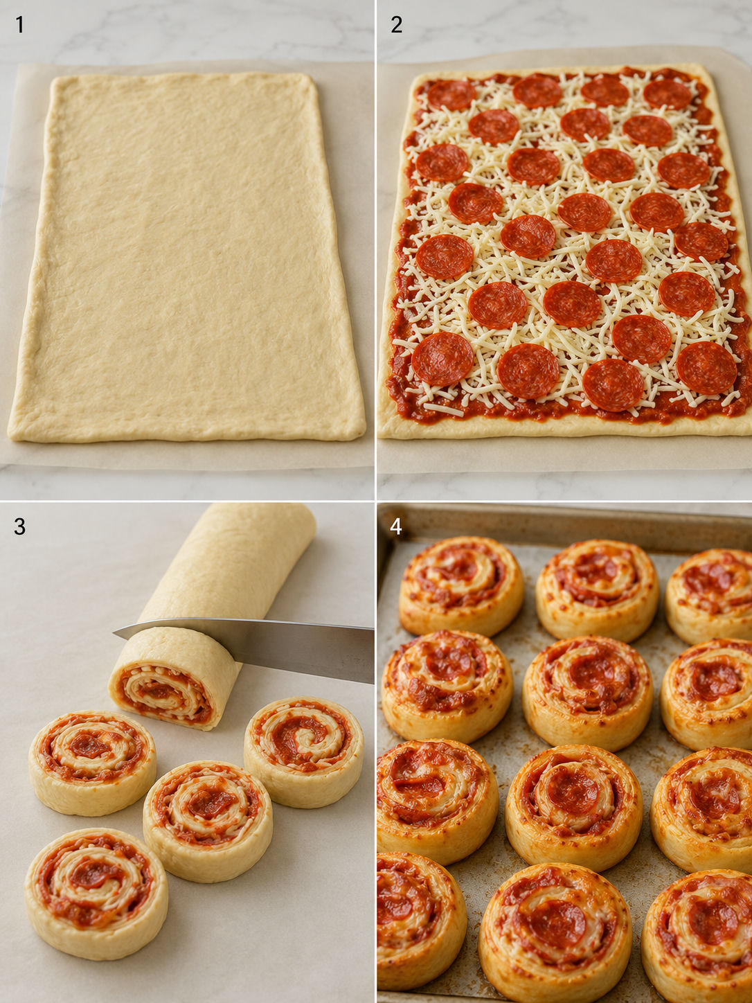 Four steps for making cheesy pepperoni pizza roll-ups