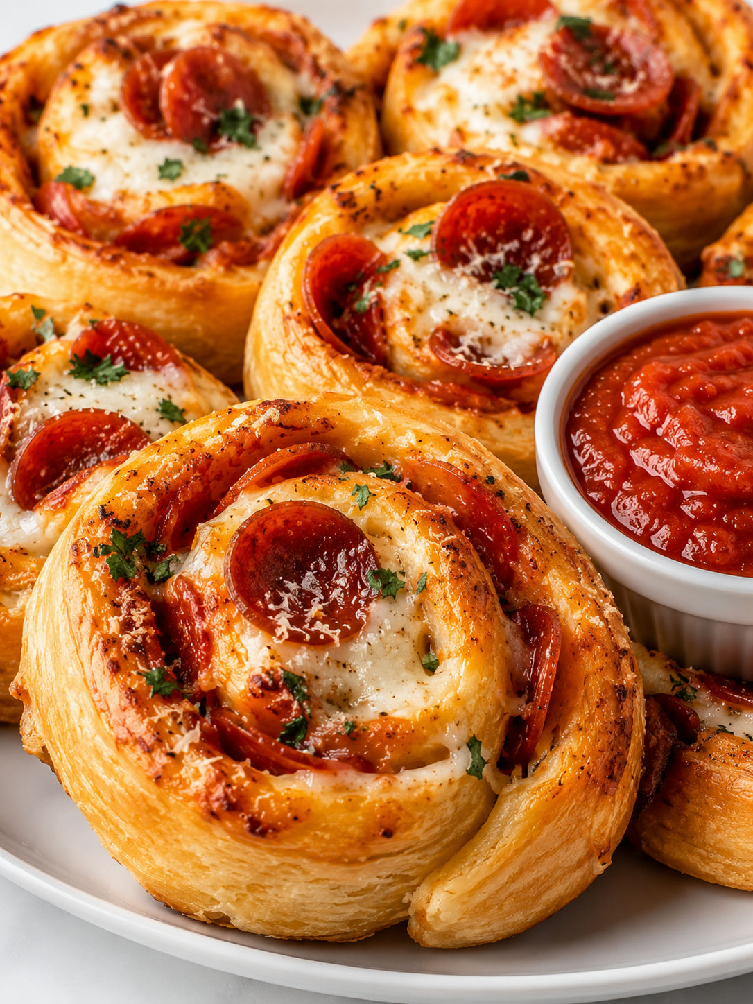 Golden pepperoni pizza roll-ups with melted mozzarella and marinara